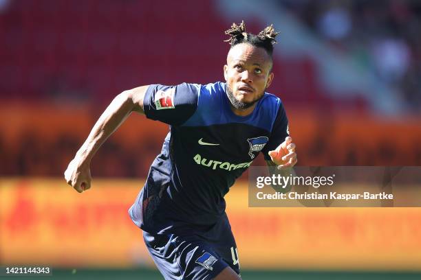 Chidera Ejuke of Hertha BSC in action during the Bundesliga match between FC Augsburg and Hertha BSC at WWK-Arena on September 04, 2022 in Augsburg,...