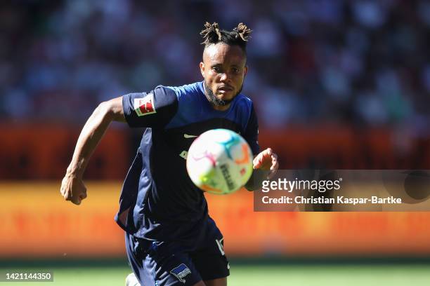 Chidera Ejuke of Hertha BSC in action during the Bundesliga match between FC Augsburg and Hertha BSC at WWK-Arena on September 04, 2022 in Augsburg,...