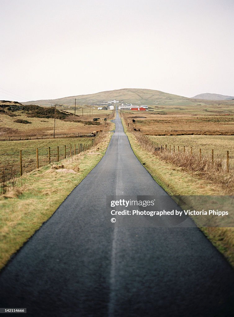 Long straight road surrounded by peaty fields