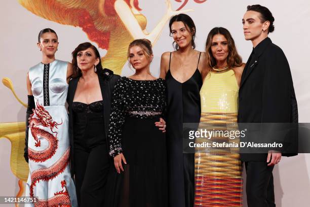 Benedetta Porcaroli, Monica Nappo, Galatea Bellugi, Director Carolina Cavalli, Margherita Maccapani Missoni and Michele Bravi attend the "Amanda" red...