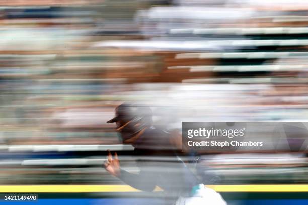 Julio Rodriguez of the Seattle Mariners leads off first base during the first inning against the Chicago White Sox at T-Mobile Park on September 05,...