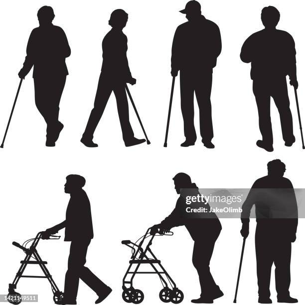 stockillustraties, clipart, cartoons en iconen met senior silhouettes - middle aged woman hiking