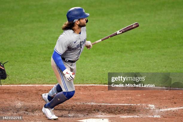 Bo Bichette of the Toronto Blue Jays hits a solo home run in the seventh inning during game two of a doubleheader baseball game against the Baltimore...