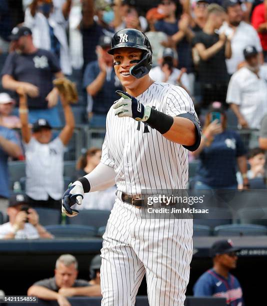 Aaron Judge of the New York Yankees celebrates his sixth inning two run home run against the Minnesota Twins at Yankee Stadium on September 05, 2022...