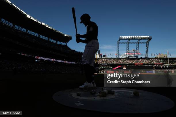 Taylor Trammell of the Seattle Mariners stands on deck during the second inning against the Chicago White Sox at T-Mobile Park on September 05, 2022...