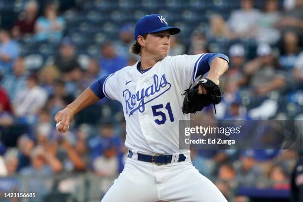 Starting pitcher Brady Singer of the Kansas City Royals throws in the first inning against the Cleveland Guardians at Kauffman Stadium on September...