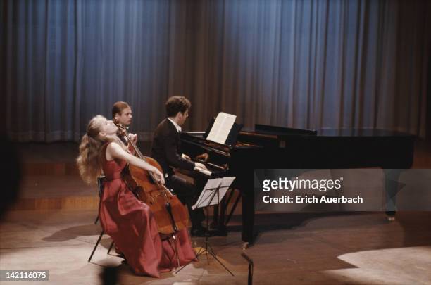 British cellist Jacqueline du Pre accompanied by pianist and conductor Daniel Barenboim, circa 1967.