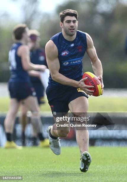 Christian Petracca of the Demons kicks during a Melbourne Demons AFL training session at Casey Fields on September 06, 2022 in Melbourne, Australia.