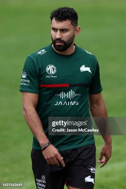 Alex Johnston of the Rabbitohs looks on during a South Sydney Rabbitohs NRL training session at Redfern Oval on September 06, 2022 in Sydney,...
