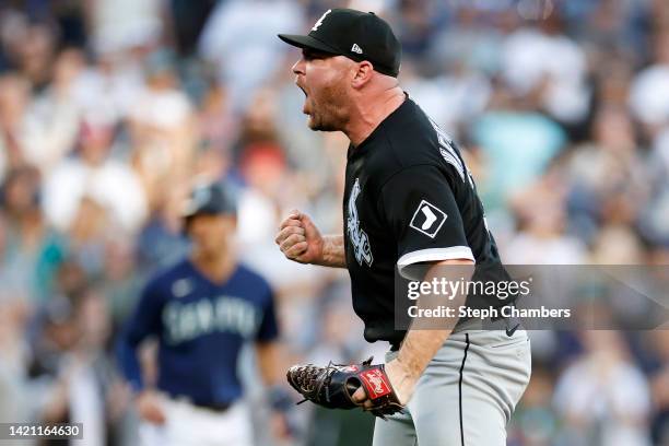 Liam Hendriks of the Chicago White Sox reacts after the final strike out in a 3-2 win over the Seattle Mariners at T-Mobile Park on September 05,...