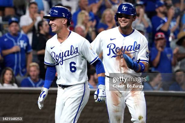 Drew Waters of the Kansas City Royals celebrates his two-run home run with Michael Massey in the fifth inning against the Cleveland Guardians at...