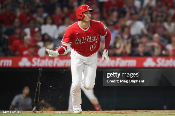 Shohei Ohtani of the Los Angeles Angels hits a two-run home run in the third inning against the Detroit Tigers at Angel Stadium of Anaheim on...