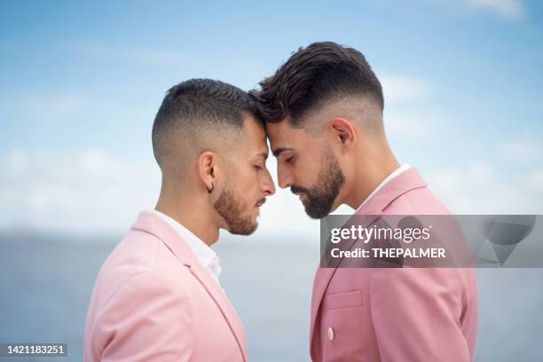 affectioned gay couple with the sea as background - gay marriage stockfoto's en -beelden