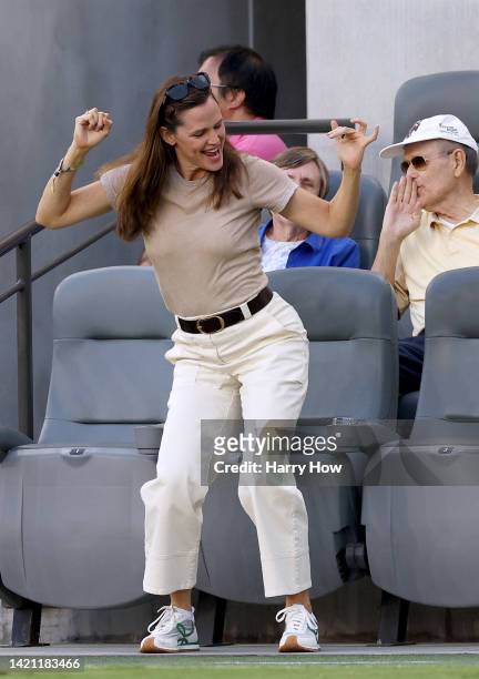 Actress Jennifer Garner dances on the field during a 2-0 Angel City FC loss to Mexico during Copa Angelina 2022 at Banc of California Stadium on...