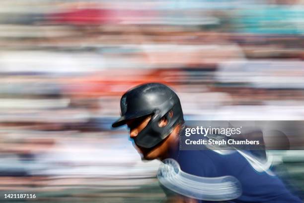 Julio Rodriguez of the Seattle Mariners leads off first base during the first inning against the Chicago White Sox at T-Mobile Park on September 05,...