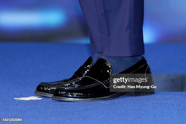 South Korean actor Yoo Jae-Suk, shoe detail, attends the Disney+ 'The Zone: Survival Mission' press conference at The Westin Josun Hotel on September...