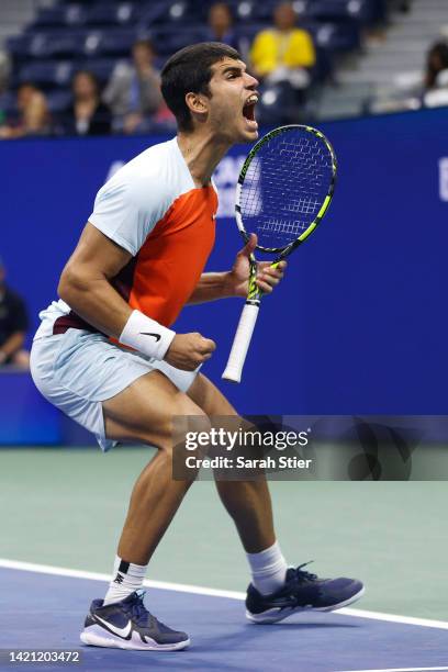 Carlos Alcaraz of Spain celebrates a point against Marin Cilic of Croatia during their Men’s Singles Fourth Round match on Day Eight of the 2022 US...