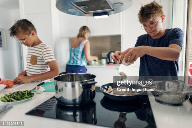 teenage boys are helping to prepare lunch - salteado imagens e fotografias de stock