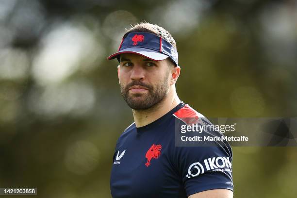 James Tedesco of the Roosters trains during a Sydney Roosters NRL training session at Kippax Lake on September 06, 2022 in Sydney, Australia.