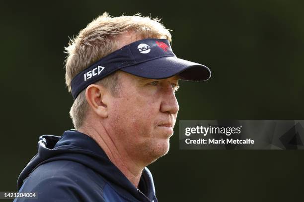 Trent Robinson head coach of the Roosters looks on during a Sydney Roosters NRL training session at Kippax Lake on September 06, 2022 in Sydney,...