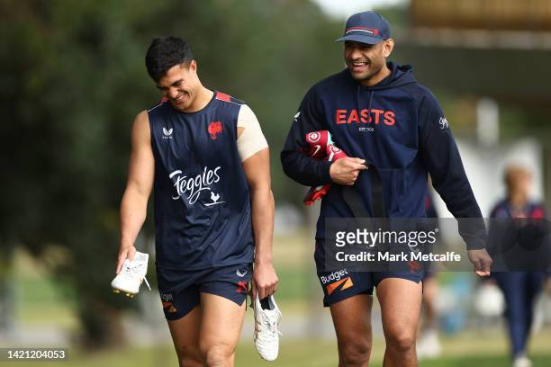 Daniel Tupou and Joseph Suaalii of the Roosters laugh as they arrive during a Sydney Roosters NRL training session at Kippax Lake on September 06,...