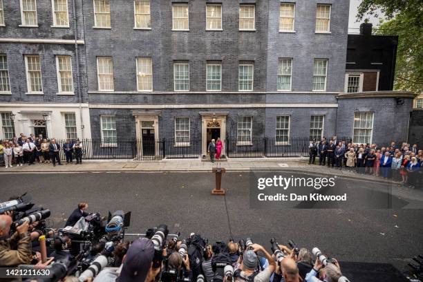 British Prime Minister Boris Johnson arrives with his wife Carrie Johnson as he prepares to deliver a farewell address before his official...