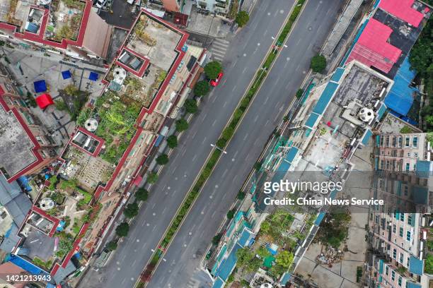 Aerial view of an empty street as Guiyang imposes temporary static control in parts of the city to curb new COVID-19 outbreak on September 5, 2022 in...