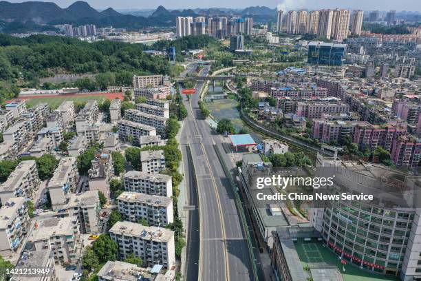 Aerial view of an empty street as Guiyang imposes temporary static control in parts of the city to curb new COVID-19 outbreak on September 5, 2022 in...