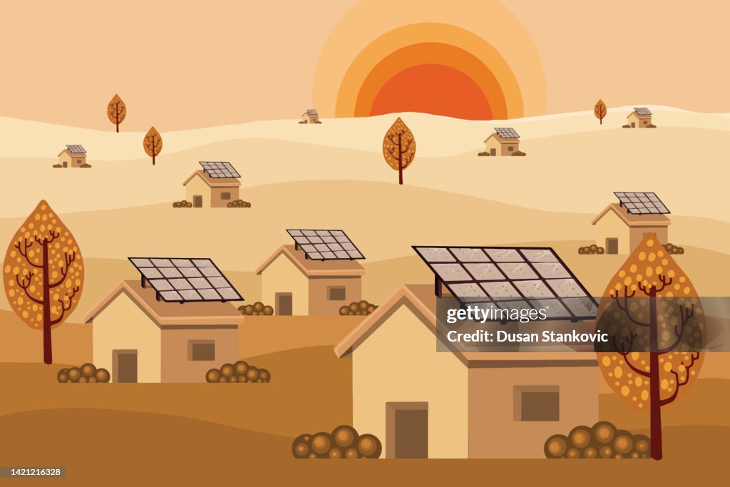 Sustainable village with solar panels