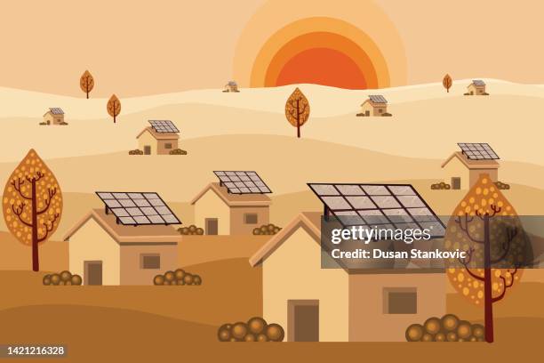 sustainable village with solar panels - panel solar stock illustrations