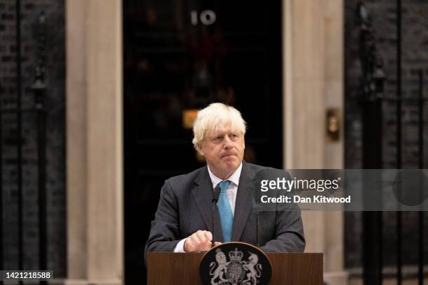 British Prime Minister Boris Johnson delivers a farewell address before his official resignation at Downing Street on September 6, 2022 in London,...