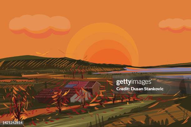 autumn landscape - sunflower field stock illustrations