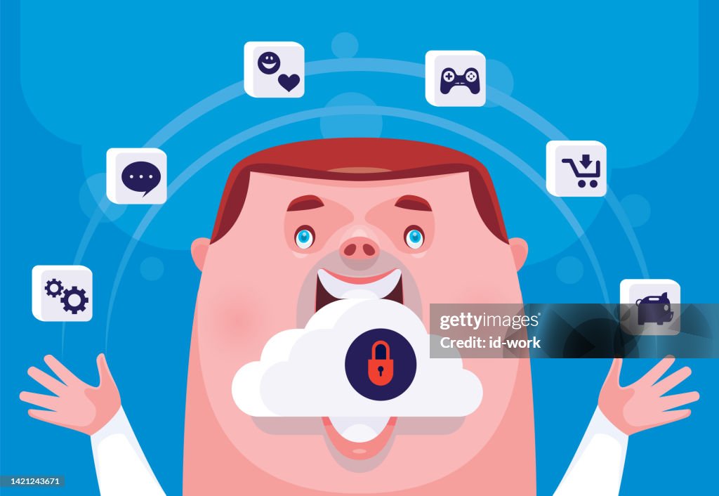 Man juggling apps icons with safety cloud computing