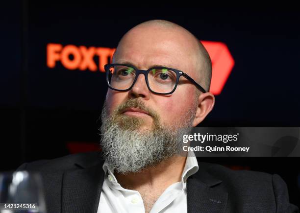 Group Executive of Telstra Enterprise Kim Krogh Andersen speaks to the media during an AFL media opportunity at Marvel Stadium on September 06, 2022...