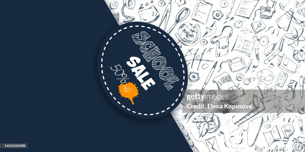 Concept of elementary school education in cartoon style. Back to school! Freehand drawings on the background of a sheet of notebook with space for text. Stylish illustration for online order, web page, app design.