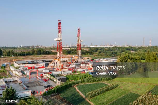 Aerial view of the construction site of the Pengzhou 5-1D Well, an ultra-deep horizontal well in the Western Sichuan Gas Field which is developed by...