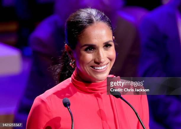 Meghan, Duchess of Sussex makes the keynote speech during the Opening Ceremony of the One Young World Summit 2022 at The Bridgewater Hall on...