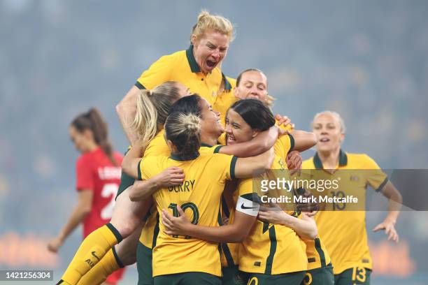 Mary Fowler of the Matildas celebrates scoring a goal with teammates during the International Friendly Match between the Australia Matildas and...