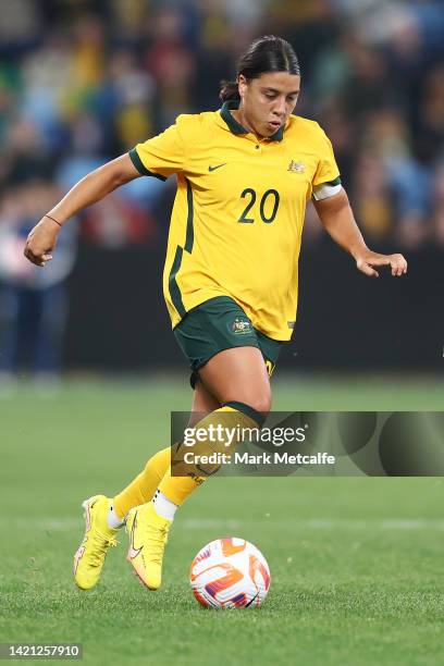 Sam Kerr of the Matildas runs at the Canada defence during the International Friendly Match between the Australia Matildas and Canada at Allianz...