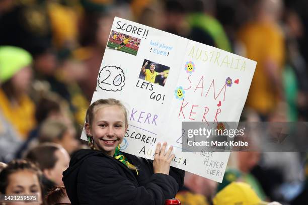 Sam Kerr supporter in the crowd poses with a signduring the International Friendly Match between the Australia Matildas and Canada at Allianz Stadium...