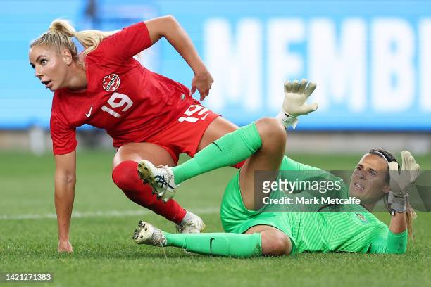 Adriana Leon of Canada celebrates scoring her second goal as Lydia Williams of the Matildas looks on during the International Friendly Match between...
