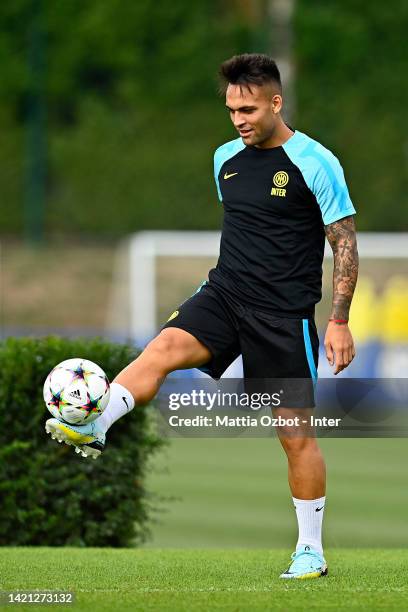 Lautaro Martinez of FC Internazionale in action during the FC Internazionale training session ahead of their UEFA Champions League group C match...