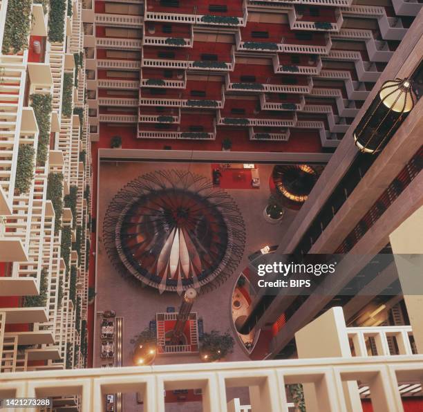 High angle view of the atrium of the Hyatt Regency Atlanta, a hotel on Peachtree Street in downtown Atlanta, Georgia, 1968. Opened the year before,...