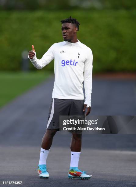 Yves Bissouma of Tottenham Hotspur looks on during a Tottenham Hotspur Training session ahead of their UEFA Champions League group D match against...