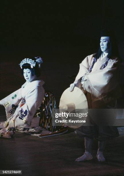 Kabuki theatre performers, wearing kumadori make-up and costumes during a kabuki play at the Kabuki-za in Tokyo, Japan, circa 1985. Located in the...