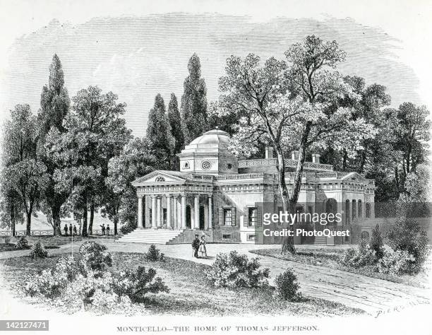 Engraving depicts Monticello, the home of American President Thomas Jefferson, Charlottesville, Virginia, nineteeth century.