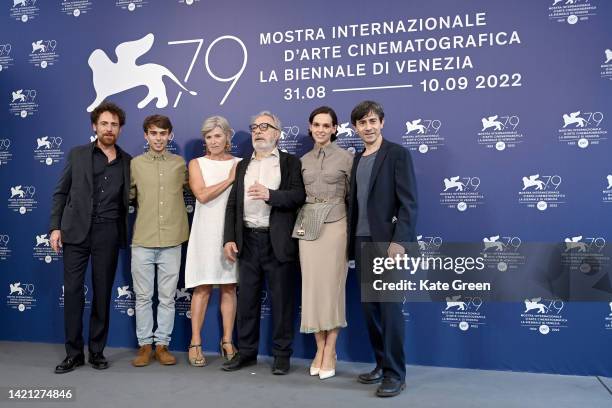 Elio Germano, Leonardo Maltese, Anna Caterina Antonacci, director Gianni Amelio, Sara Serraiocco and Luigi Lo Cascio attend the photocall for "Il...