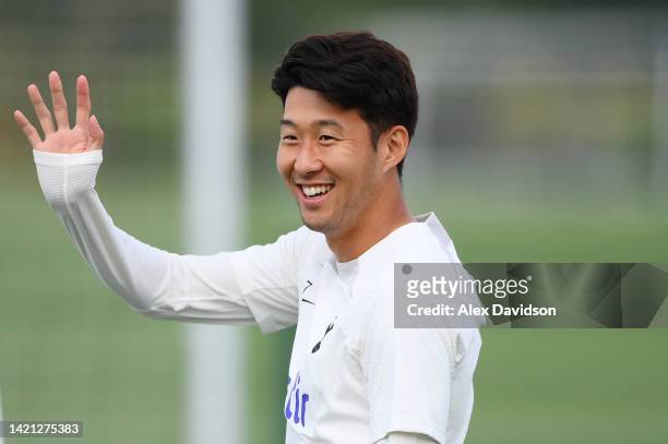 Son Heung-Min of Tottenham Hotspur reacts during a Tottenham Hotspur Training session ahead of their UEFA Champions League group D match against...