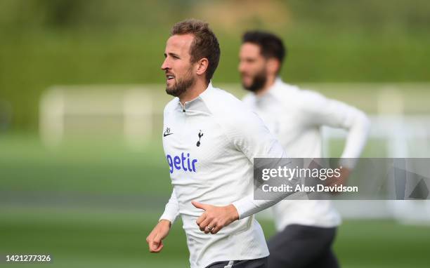 Harry Kane of Tottenham Hotspur trains on during a Tottenham Hotspur Training session ahead of their UEFA Champions League group D match against...