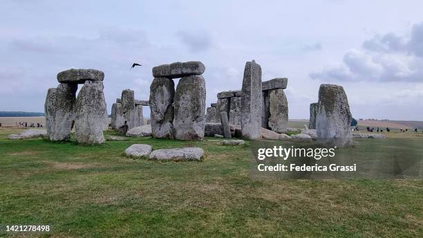 view of stonehenge between amesbury and salisbury in wiltshire, england, united kingdom - menhir photos et images de collection